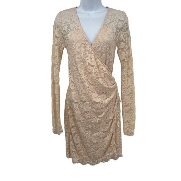 NEW Free People Pearl Lace Long Sleeve Faux Wrap Fitted Mini Dress Ivory - Picture 3 of 16